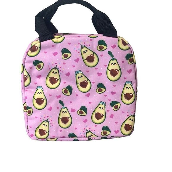 Avocado Graphic Printed Insulated Lunch Bag Pink Zippered Handles Guacamole New - Picture 2 of 5